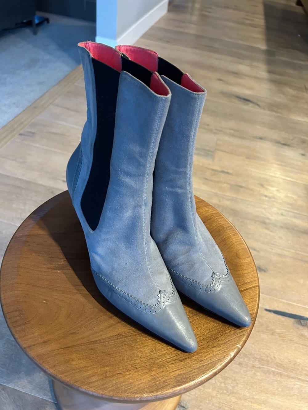 Judith Leiber Gray Suede Pointed-Toe Ankle Boots with Pink Lining